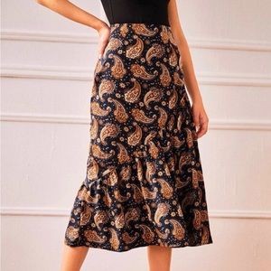 Boho Hippie Paisley Asymm Dropwaist Ruffled Midi Skirt S 4 Navy Brown Faux Silk